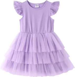 Noomelfish Girls Short Sleeve Layered Tulle Tutu Dress Ruffle Tiered Summer Princess Party Sundress (2-8 Years)