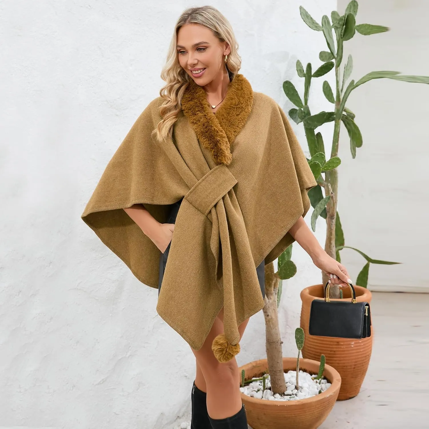 RanRui Autumn and winter new fur collar cape shawl Cozy Oversized ponchos for women Shawl Wrap women's loose knit cardigan
