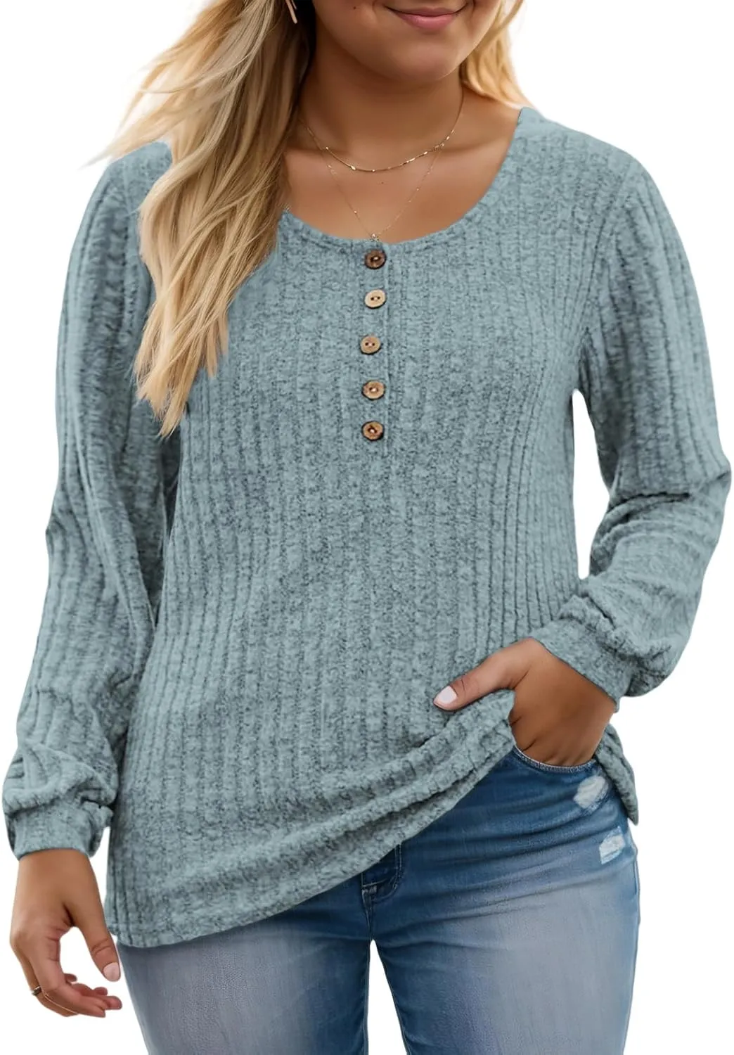ROSRISS Womens-Plus-Size-Tops Trendy Long Sleeve Henley Shirts Casual Ribbed Knit Tunics Dressy Crewneck Pullover Sweaters