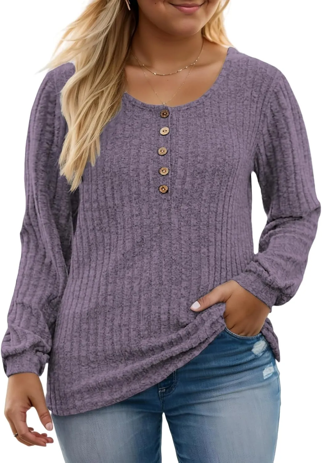 ROSRISS Womens-Plus-Size-Tops Trendy Long Sleeve Henley Shirts Casual Ribbed Knit Tunics Dressy Crewneck Pullover Sweaters