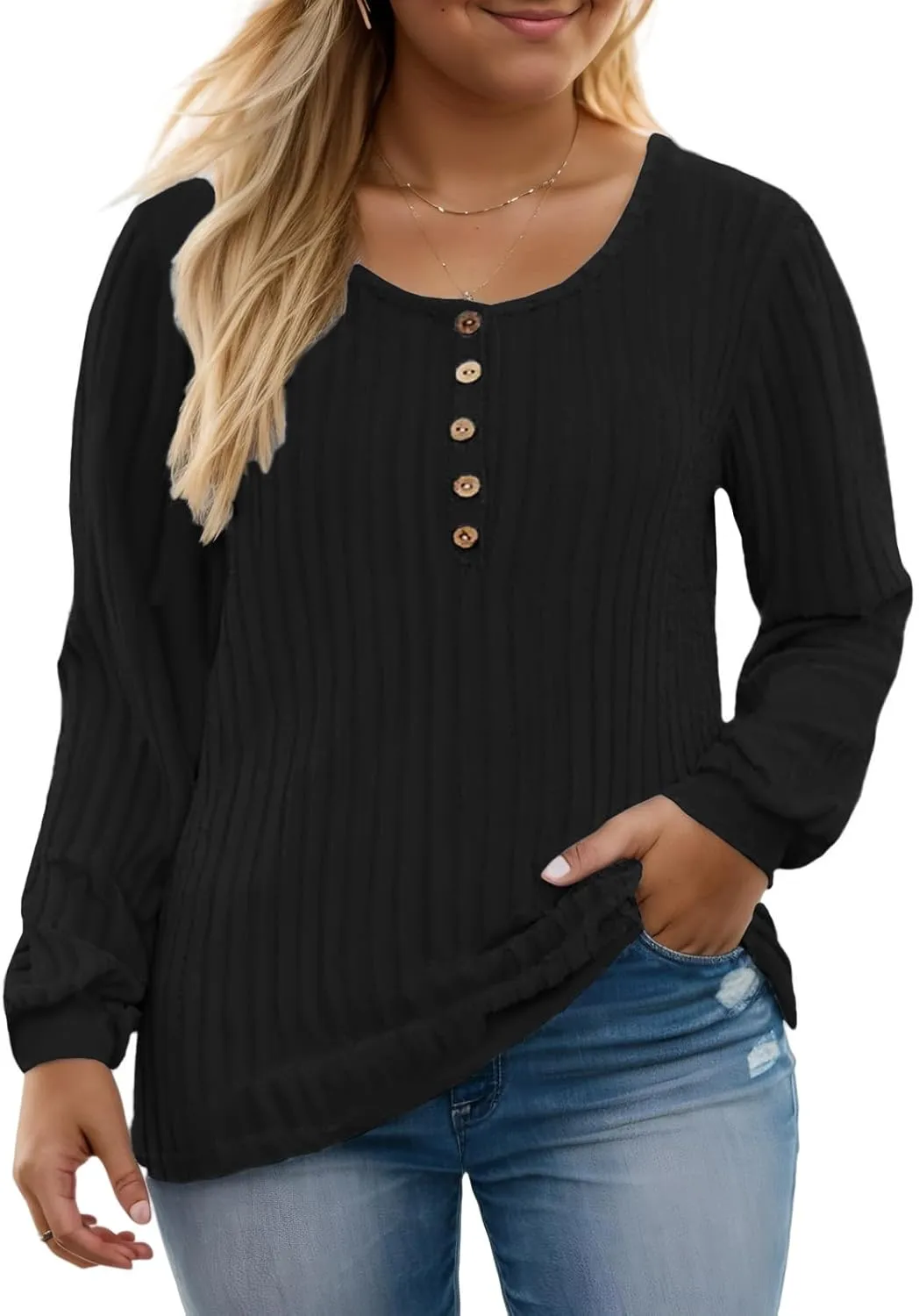ROSRISS Womens-Plus-Size-Tops Trendy Long Sleeve Henley Shirts Casual Ribbed Knit Tunics Dressy Crewneck Pullover Sweaters