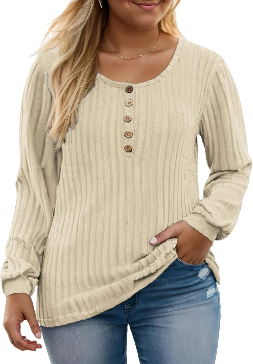 ROSRISS Womens-Plus-Size-Tops Trendy Long Sleeve Henley Shirts Casual Ribbed Knit Tunics Dressy Crewneck Pullover Sweaters