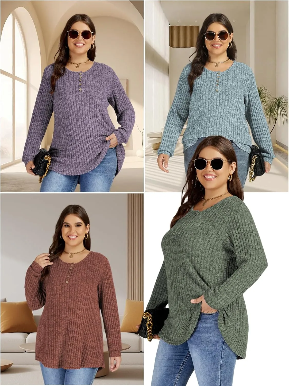 ROSRISS Womens-Plus-Size-Tops Trendy Long Sleeve Henley Shirts Casual Ribbed Knit Tunics Dressy Crewneck Pullover Sweaters