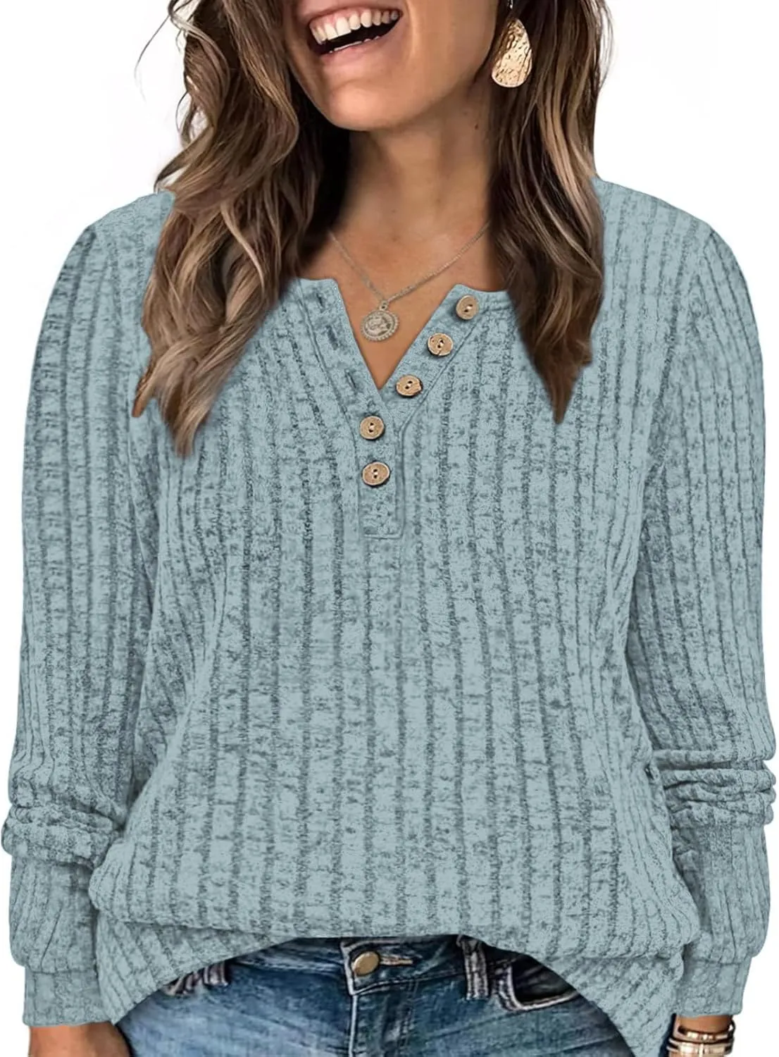 ROSRISS Womens-Plus-Size-Tops Trendy Long Sleeve Henley Shirts Casual Ribbed Knit Tunics Dressy Crewneck Pullover Sweaters