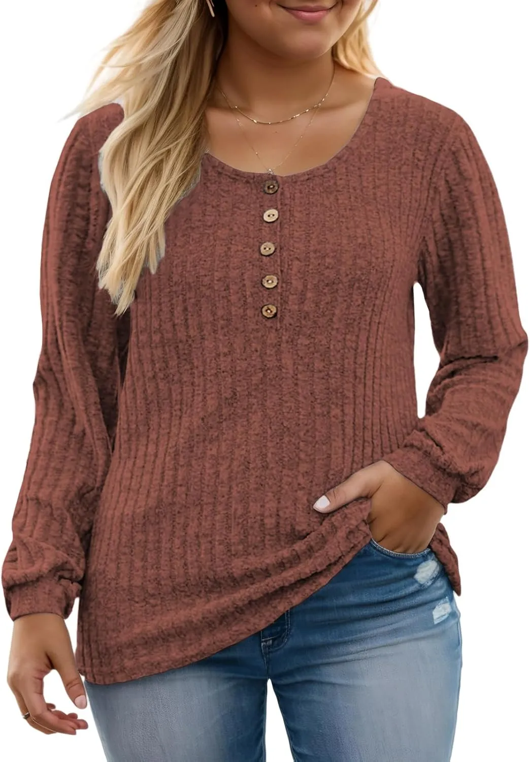 ROSRISS Womens-Plus-Size-Tops Trendy Long Sleeve Henley Shirts Casual Ribbed Knit Tunics Dressy Crewneck Pullover Sweaters