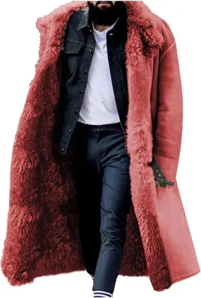 Shearling Long Coat Men Suede Sherpa Lined Long Jacke Winter Sheepskin Fleece Coat Fur Collar Jacket Trench Overcoat