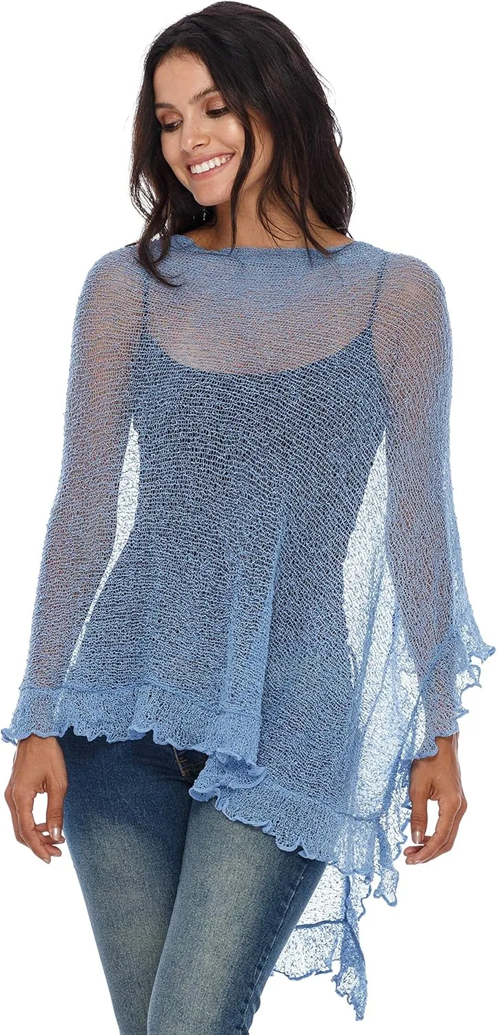 SHU-SHI Womens Sheer Poncho Shrug Lightweight Knit Ruffle Pullover Sweater Top