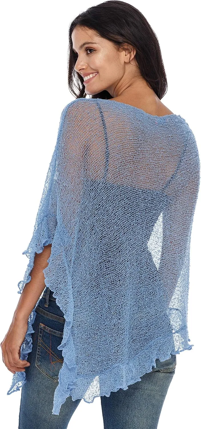 SHU-SHI Womens Sheer Poncho Shrug Lightweight Knit Ruffle Pullover Sweater Top