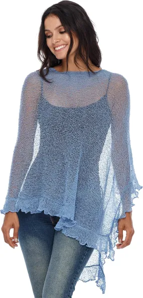 SHU-SHI Womens Sheer Poncho Shrug Lightweight Knit Ruffle Pullover Sweater Top