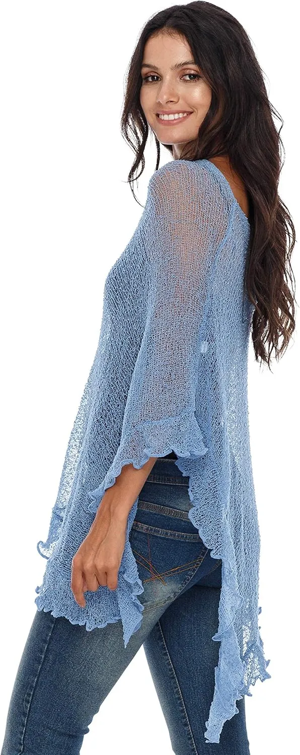 SHU-SHI Womens Sheer Poncho Shrug Lightweight Knit Ruffle Pullover Sweater Top