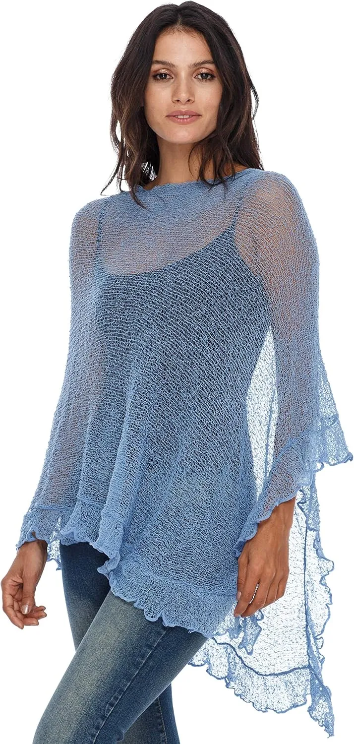 SHU-SHI Womens Sheer Poncho Shrug Lightweight Knit Ruffle Pullover Sweater Top