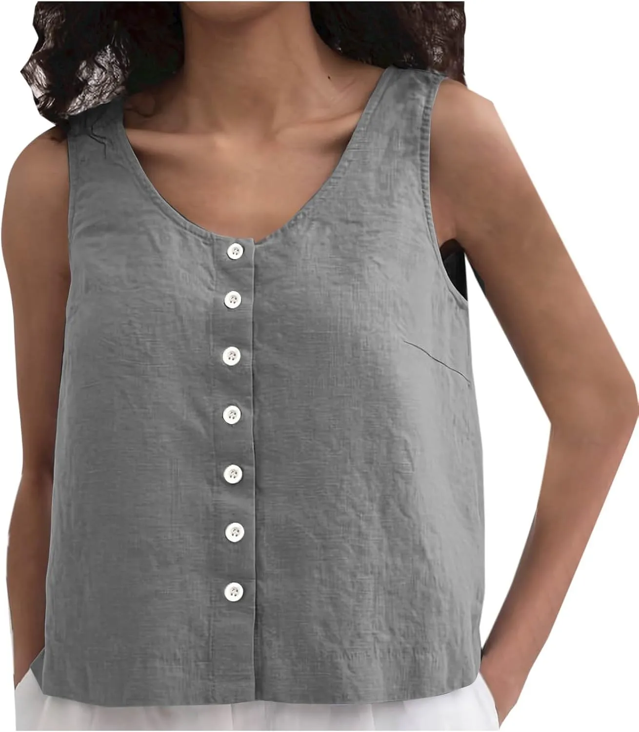 Summer Cotton Linen Tank Tops Women Sleeveless Round Neck Tees Shirts Elegant Solid Color Front Button Comfy Blouses