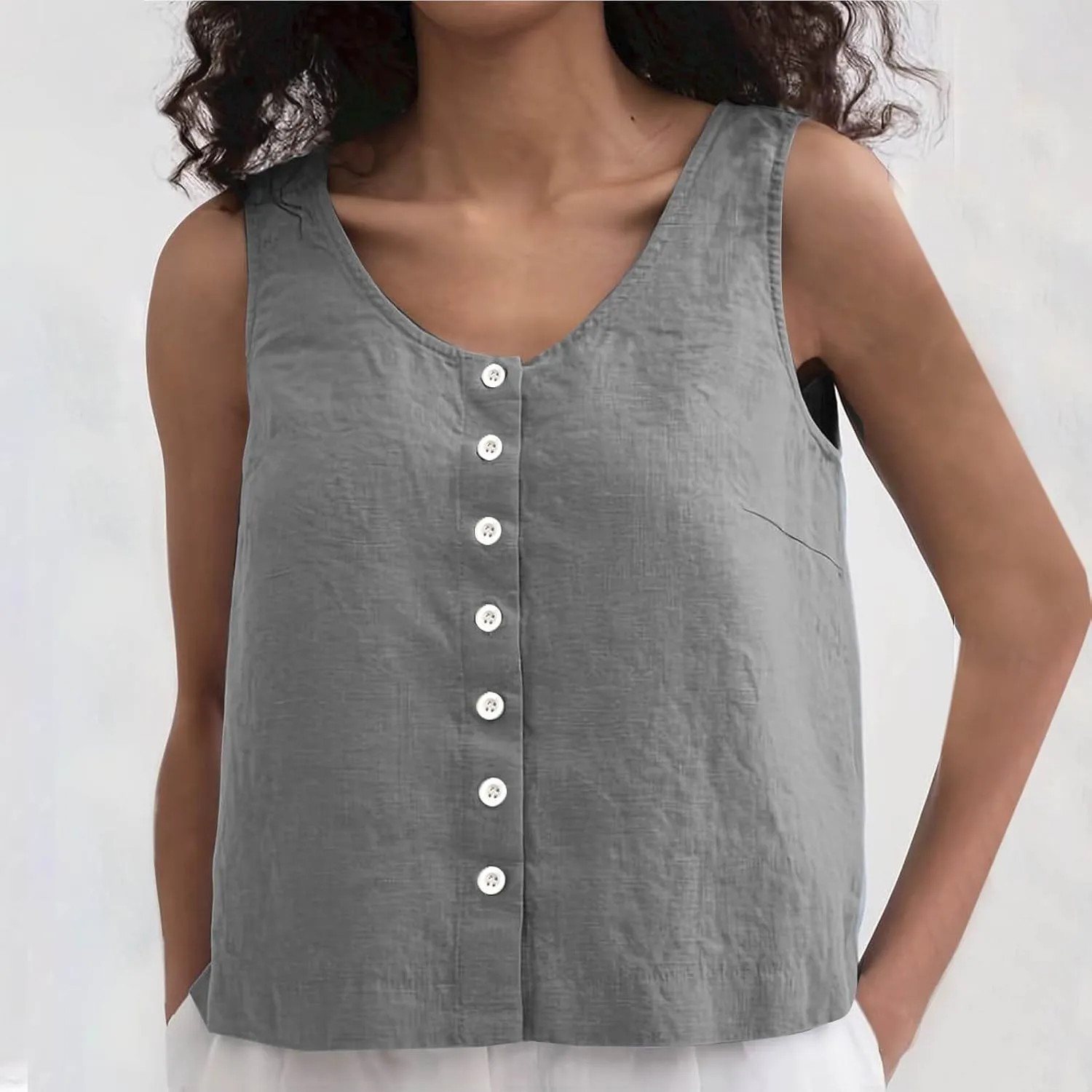 Summer Cotton Linen Tank Tops Women Sleeveless Round Neck Tees Shirts Elegant Solid Color Front Button Comfy Blouses