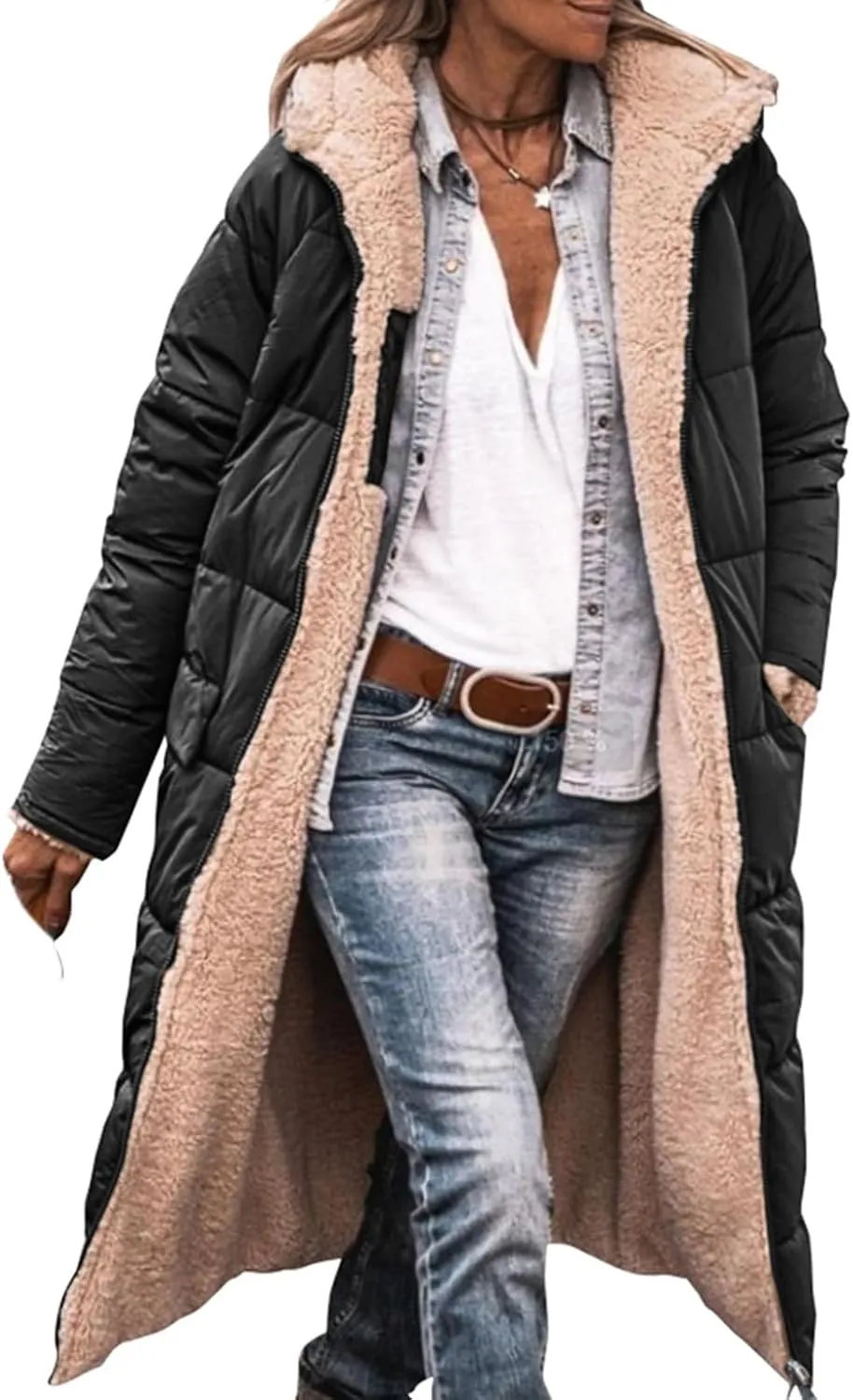 Winter Coats for Women Oversized Shearling Fleece Long Jackets Warm Hooded Puffer Jacket Outerwear Down Coat Clothes