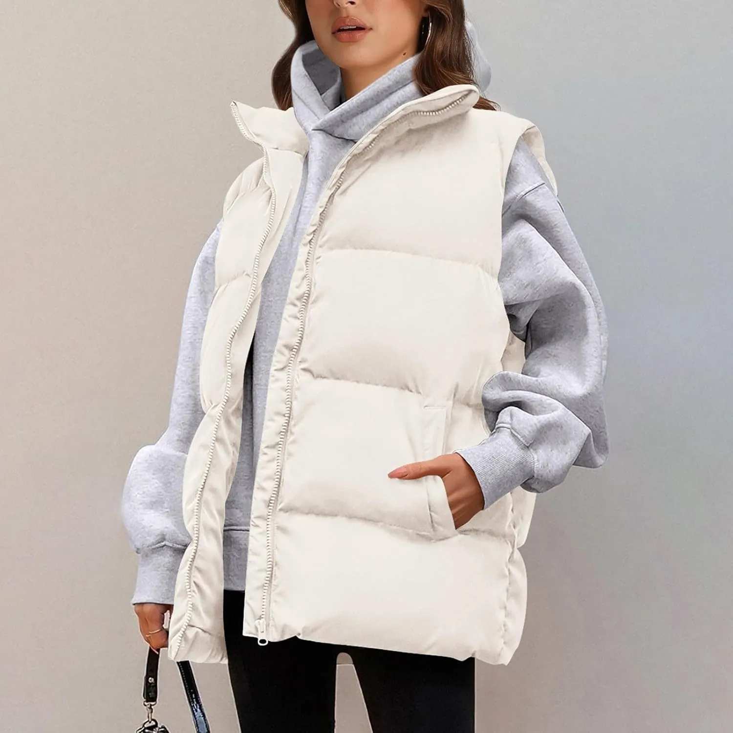Winter Coats for Women Trendy Cropped Sleeveless Puffer Jacket Full Zip Padded Coat 2024 Casual Solid Versatile Outwear