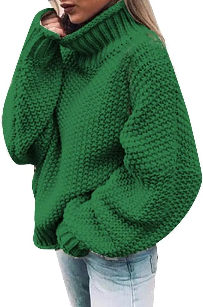 Women 2023 Fall Turtle Neck Sweater Solid Long Sleeve Knit Pullover Oversize Casual Loose Sweater Chunky Jumper Tops