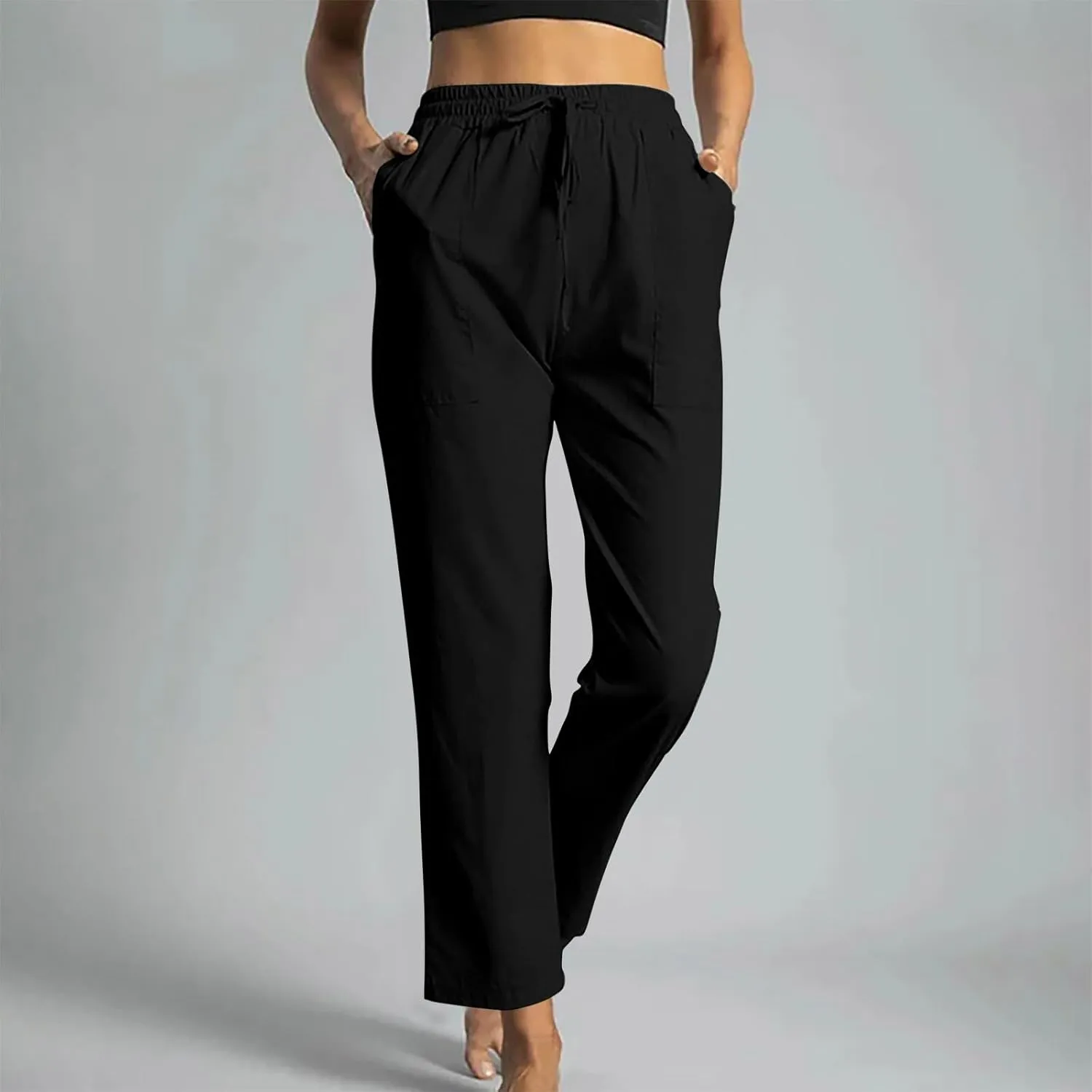 Women High Waisted Straight Leg Pants, Ladies Cotton Linen Lounge Pant with Pockets Comfy Soft Trousers Resort Wear