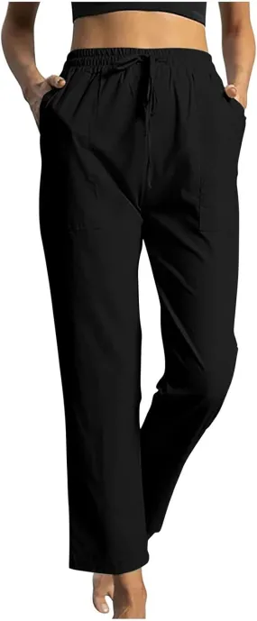 Women High Waisted Straight Leg Pants, Ladies Cotton Linen Lounge Pant with Pockets Comfy Soft Trousers Resort Wear