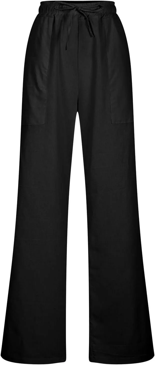 Women High Waisted Straight Leg Pants, Ladies Cotton Linen Lounge Pant with Pockets Comfy Soft Trousers Resort Wear