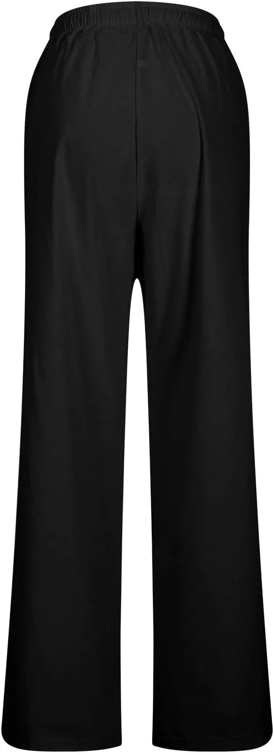 Women High Waisted Straight Leg Pants, Ladies Cotton Linen Lounge Pant with Pockets Comfy Soft Trousers Resort Wear