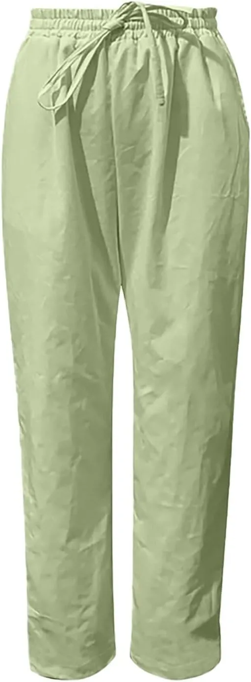 Women Linen Pants Wide Leg Casual Palazzo Trousers Cotton Linen Lounge Beach Summer Pants with Pockets