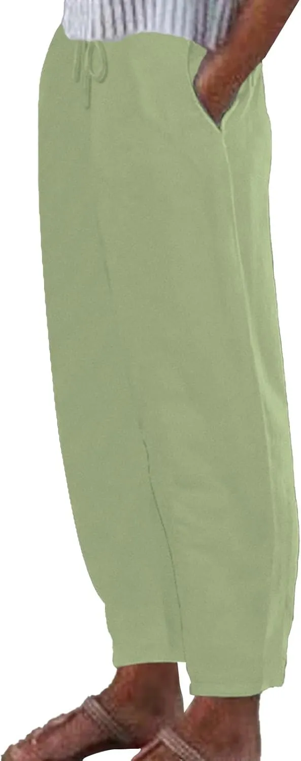 Women Linen Pants Wide Leg Casual Palazzo Trousers Cotton Linen Lounge Beach Summer Pants with Pockets