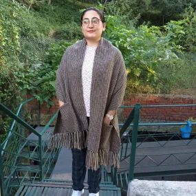 Women Pocketed Woollen Stole | Loom Knit | Winter Wear | Black & Beige
