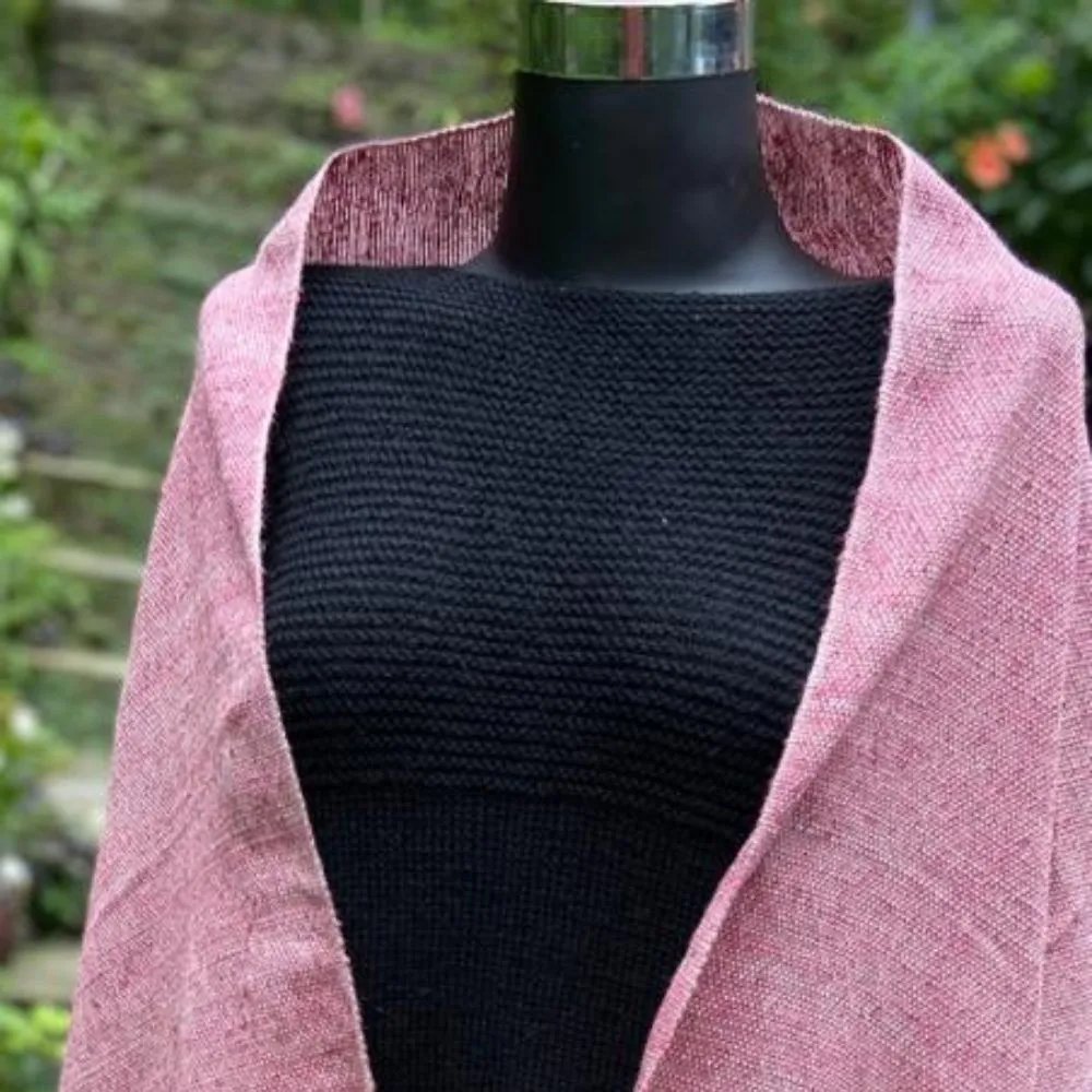 Women Stole | Woollen And Eri Silk | Loom Knit | Pink With Light Beige Stripe