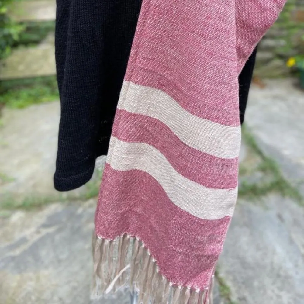 Women Stole | Woollen And Eri Silk | Loom Knit | Pink With Light Beige Stripe