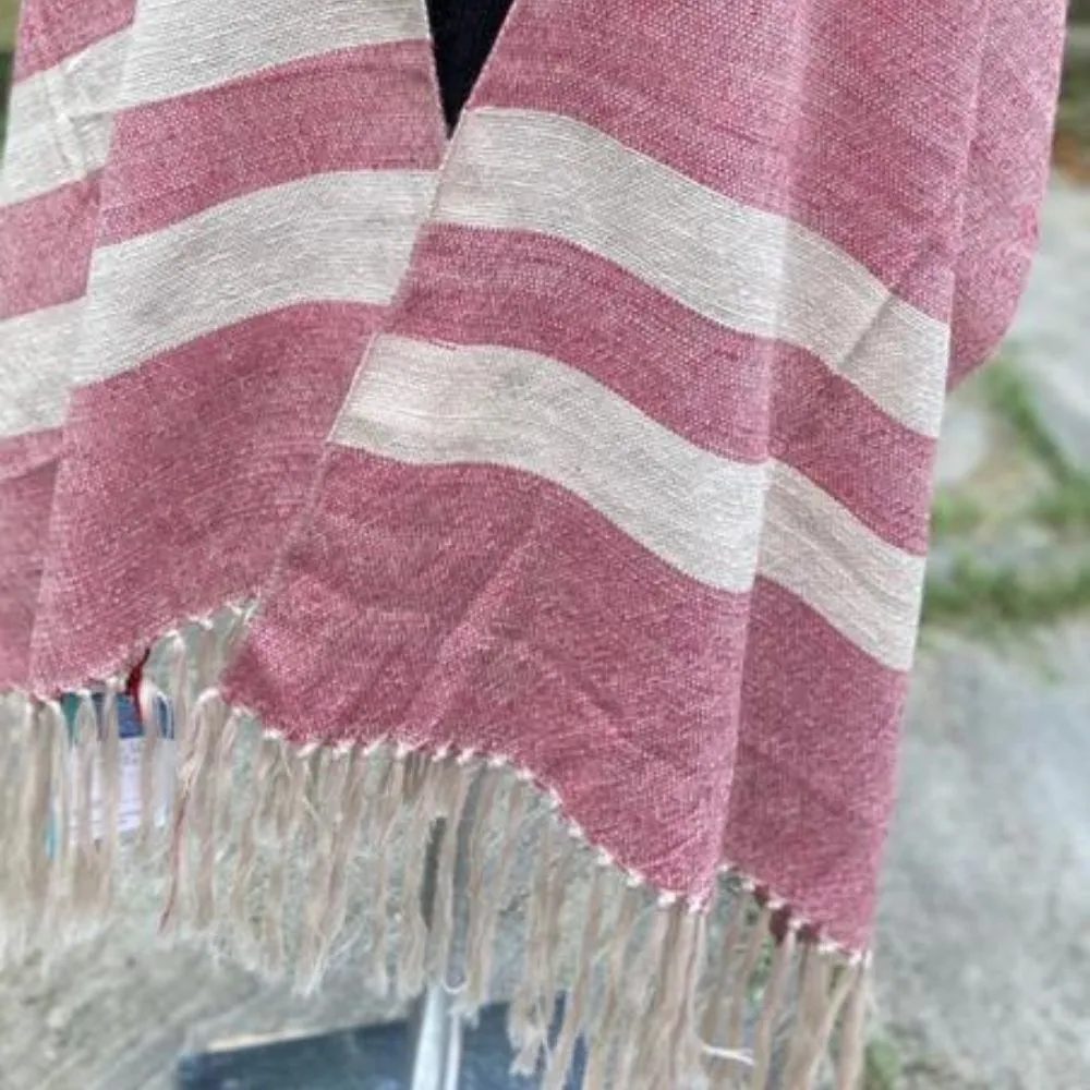 Women Stole | Woollen And Eri Silk | Loom Knit | Pink With Light Beige Stripe
