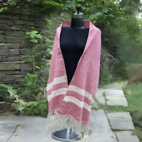 Women Stole | Woollen And Eri Silk | Loom Knit | Pink With Light Beige Stripe