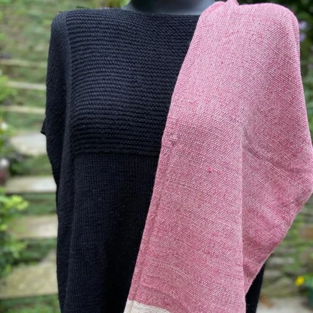 Women Stole | Woollen And Eri Silk | Loom Knit | Pink With Light Beige Stripe