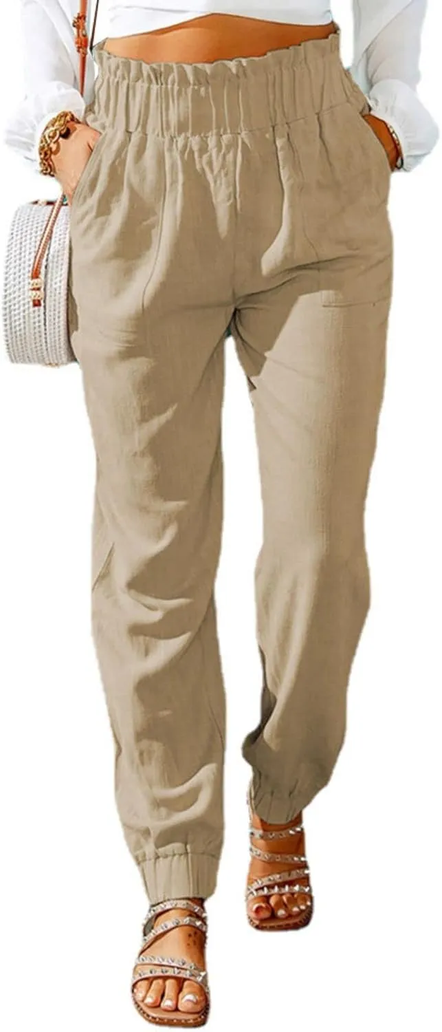 Womens Casual Pants Summer Elastic High Waisted Pants Loose Fit Pleated Straight Leg Trousers Comfort Beach Pant