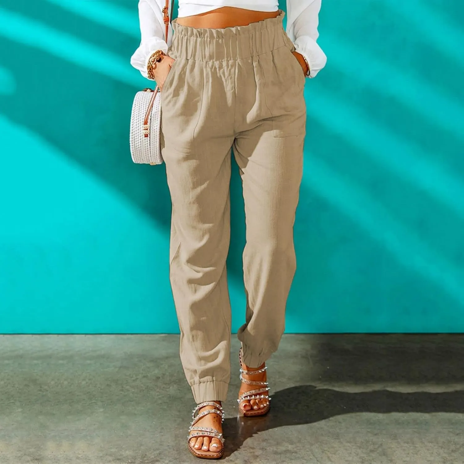 Womens Casual Pants Summer Elastic High Waisted Pants Loose Fit Pleated Straight Leg Trousers Comfort Beach Pant