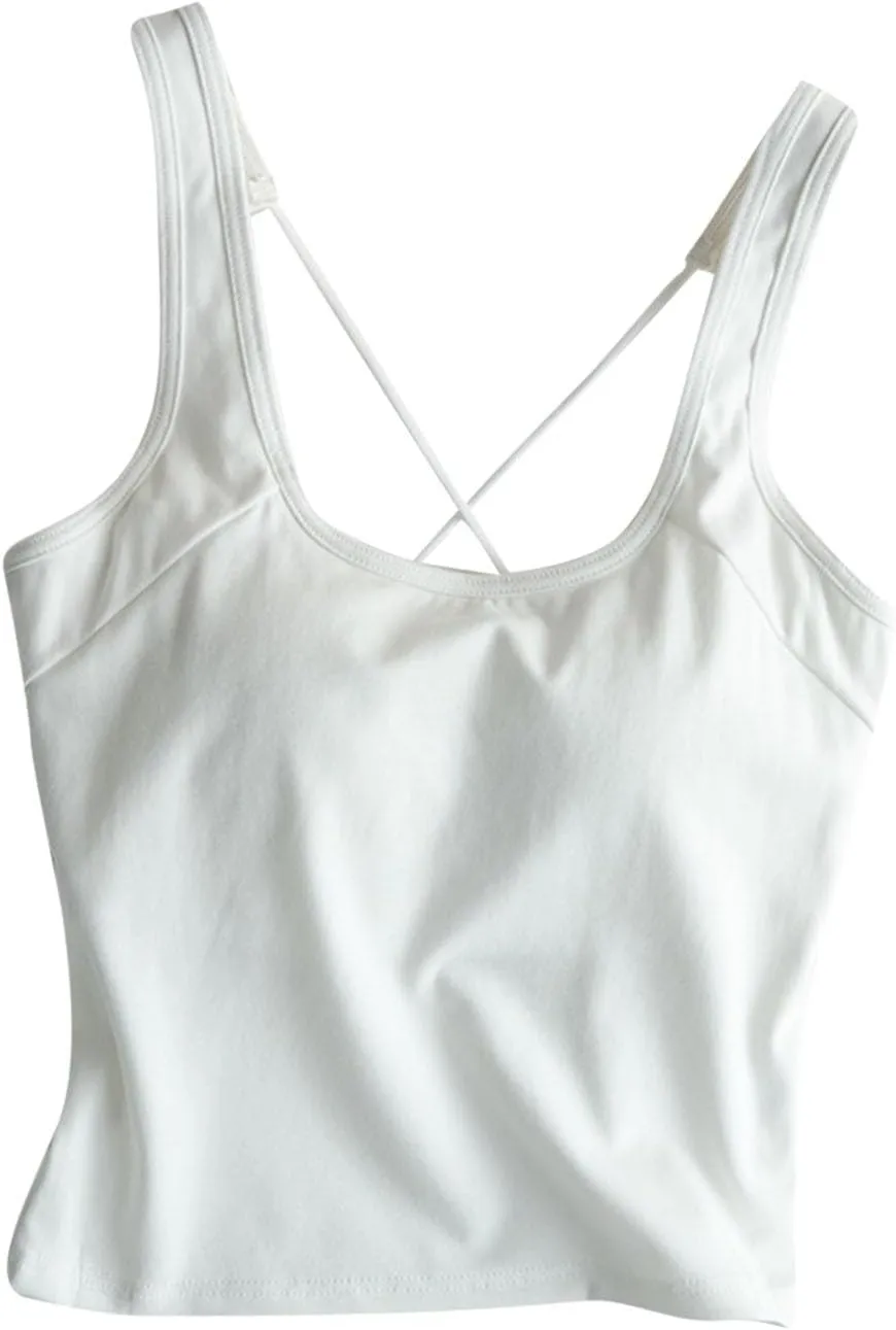 Womens Cotton Crop Tank Tops with Built-in Bra U Neck Cross Back Camisole Summer Solid Color Basic Tee