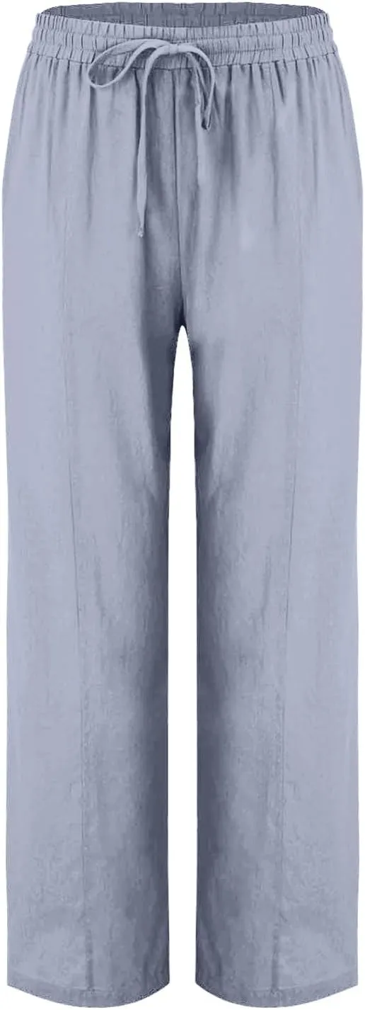 Womens Cotton Linen Pants Drawstring Elastic Waist Straight Leg Long Pantswith Pockets Casual Loose Comfy Trousers