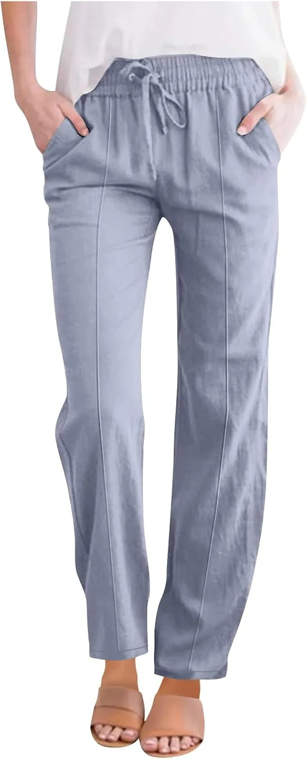 Womens Cotton Linen Pants Drawstring Elastic Waist Straight Leg Long Pantswith Pockets Casual Loose Comfy Trousers