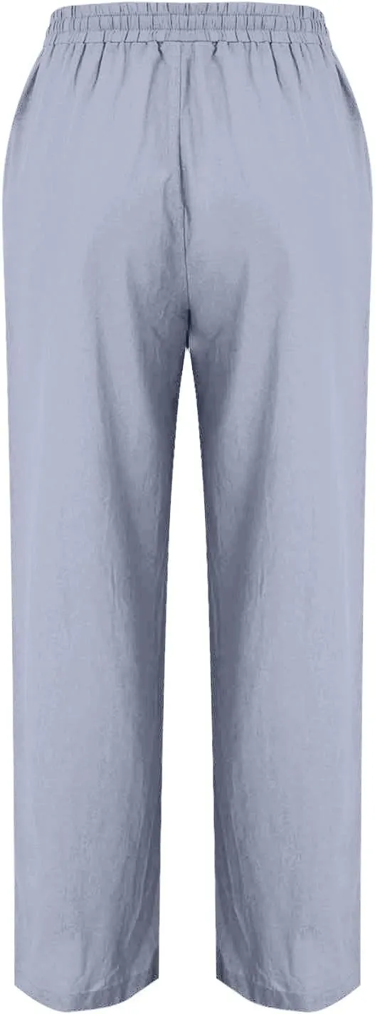 Womens Cotton Linen Pants Drawstring Elastic Waist Straight Leg Long Pantswith Pockets Casual Loose Comfy Trousers