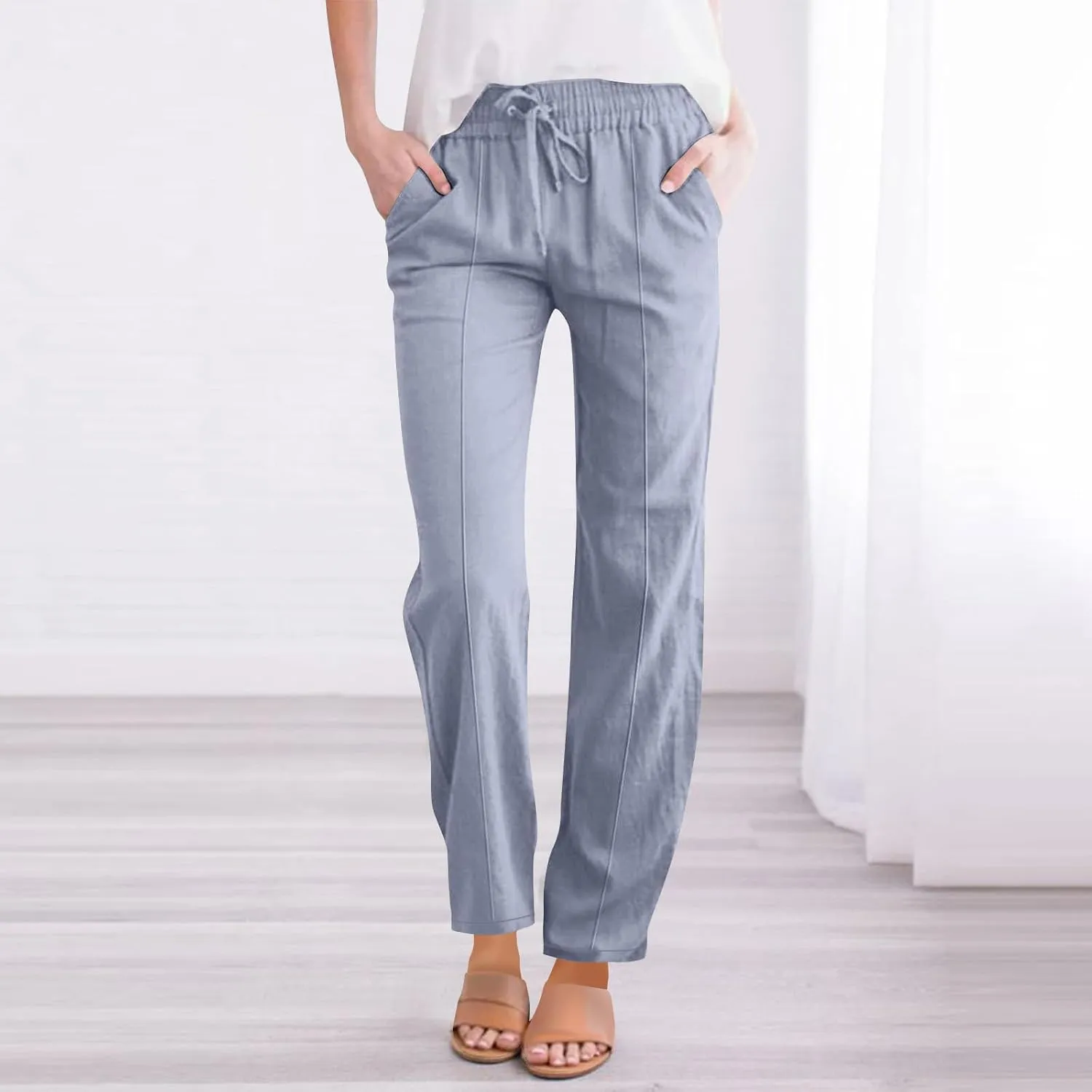 Womens Cotton Linen Pants Drawstring Elastic Waist Straight Leg Long Pantswith Pockets Casual Loose Comfy Trousers