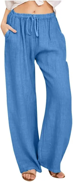 Women's Cotton Linen Pants Summer Casual Wide Leg Pant Loose Drawstring High Waist Palazzo Trousers with Pockets