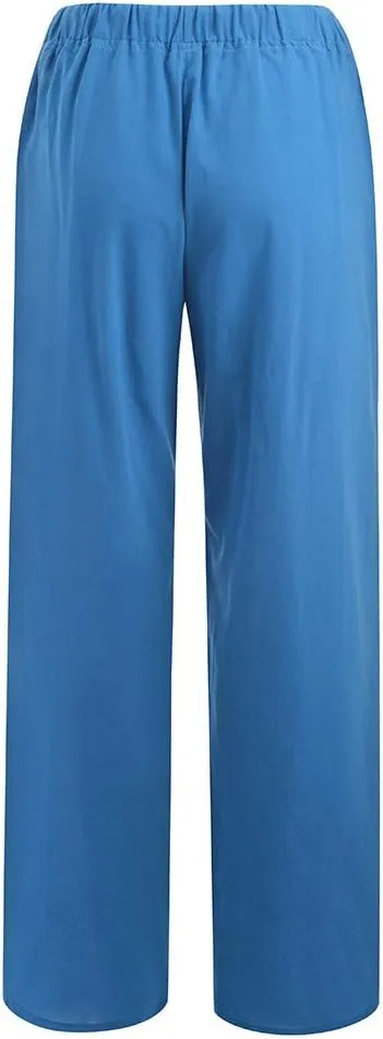 Women's Cotton Linen Pants Summer Casual Wide Leg Pant Loose Drawstring High Waist Palazzo Trousers with Pockets