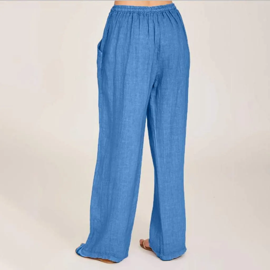 Women's Cotton Linen Pants Summer Casual Wide Leg Pant Loose Drawstring High Waist Palazzo Trousers with Pockets
