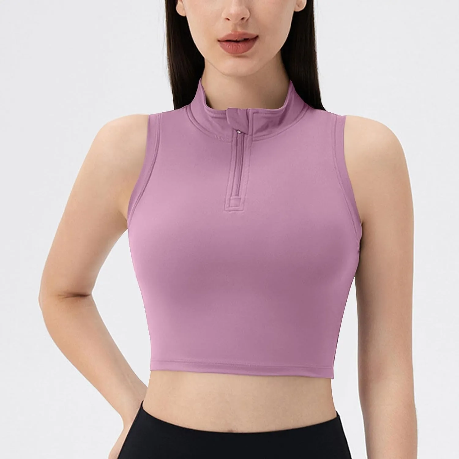 Womens Crop Tops with Removable Bra Front Half Zip Stand Collar Tank Slim Fit Sleeveless Shirt Gym Yoga Golf Clothes