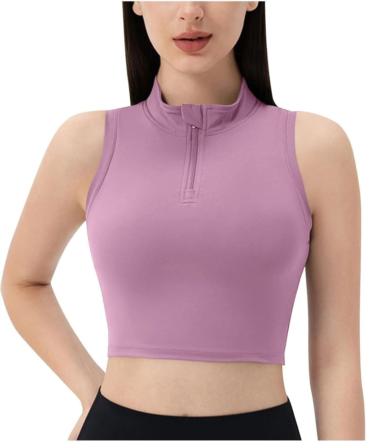 Womens Crop Tops with Removable Bra Front Half Zip Stand Collar Tank Slim Fit Sleeveless Shirt Gym Yoga Golf Clothes