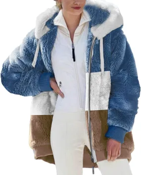 Women's Fleece Hooded Coat Loose Plus Size Zipper Winter Warm Long Sleeve Plush Hoodies Jacket Cardigan Sweaters