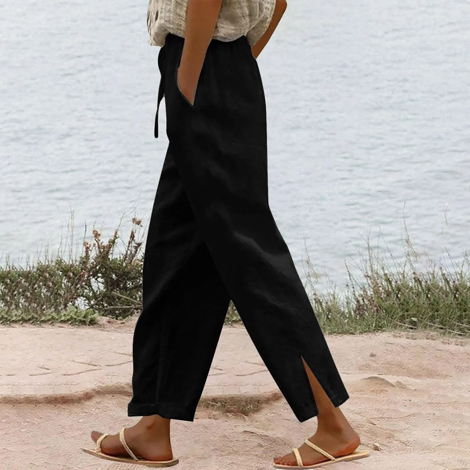 Womens Linen Pants Wide Leg Drawstring Trousers High Waisted Straight Leg Pant Lightweight Summer Beach Pants 2025