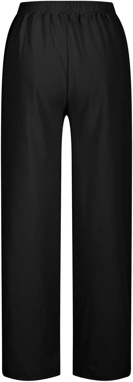 Womens Linen Pants Wide Leg Drawstring Trousers High Waisted Straight Leg Pant Lightweight Summer Beach Pants 2025