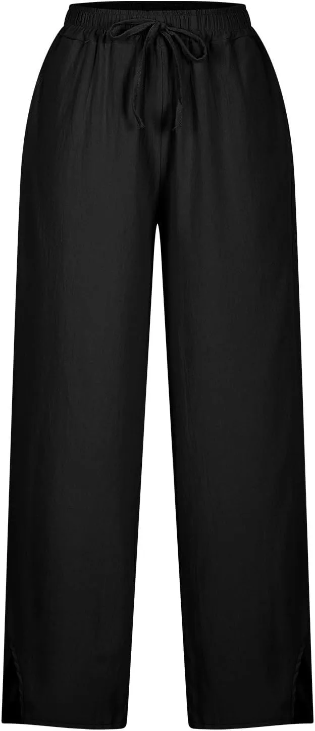 Womens Linen Pants Wide Leg Drawstring Trousers High Waisted Straight Leg Pant Lightweight Summer Beach Pants 2025