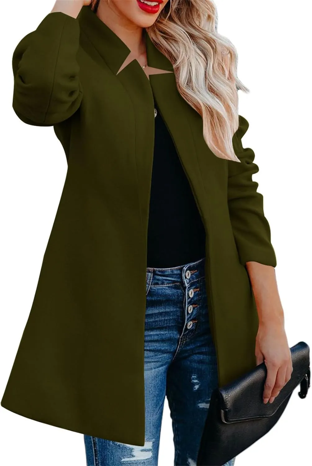 Women's Mid Length Jackets Business Casual Pea Trench Coat Classic Open Front Cardigan Jacket Outwear with Pocket