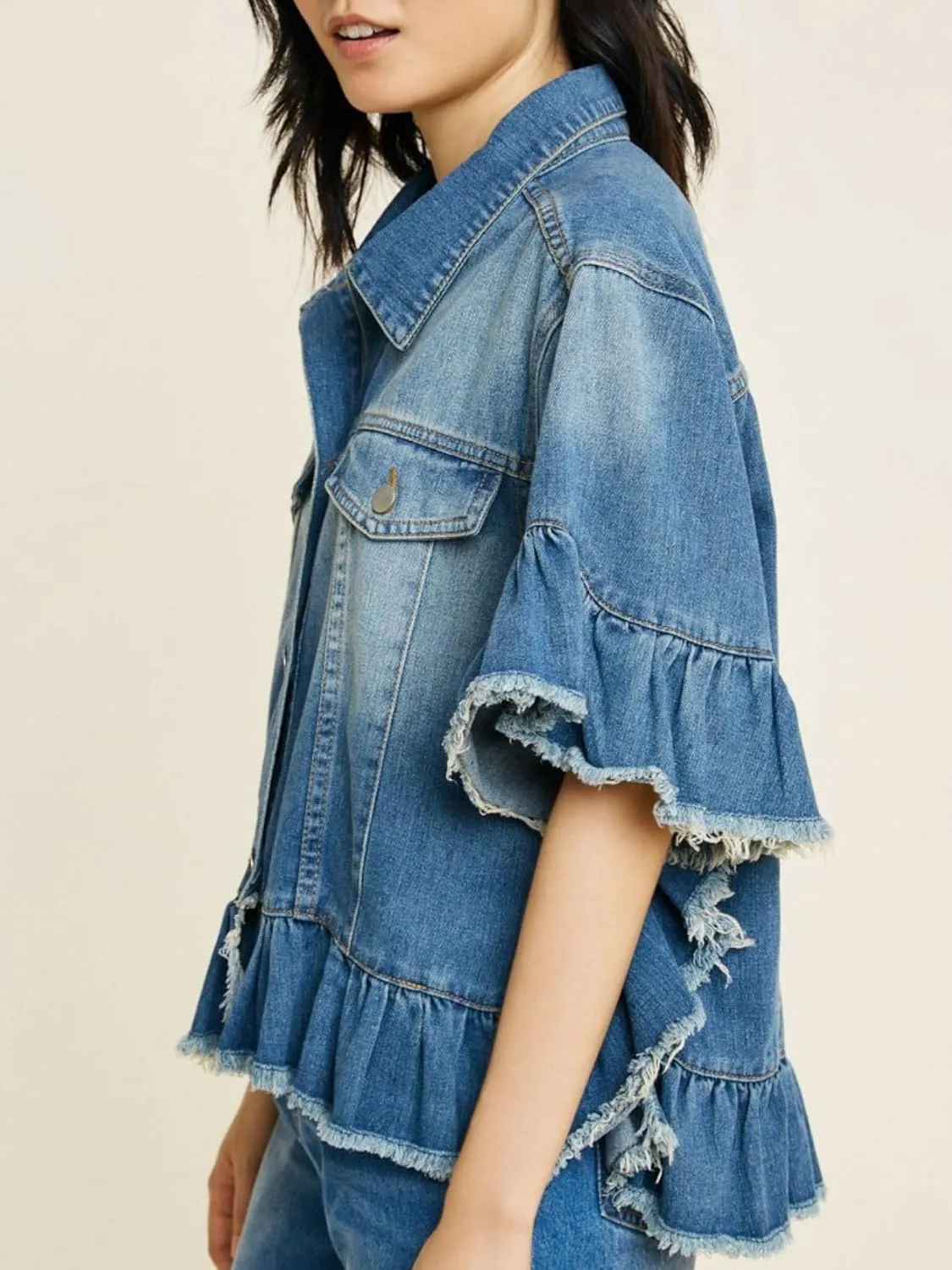 Womens Short Ruffle Trim Sleeves Washed Denim Jacket Button Down Jean Jacket with Ruffle Hem